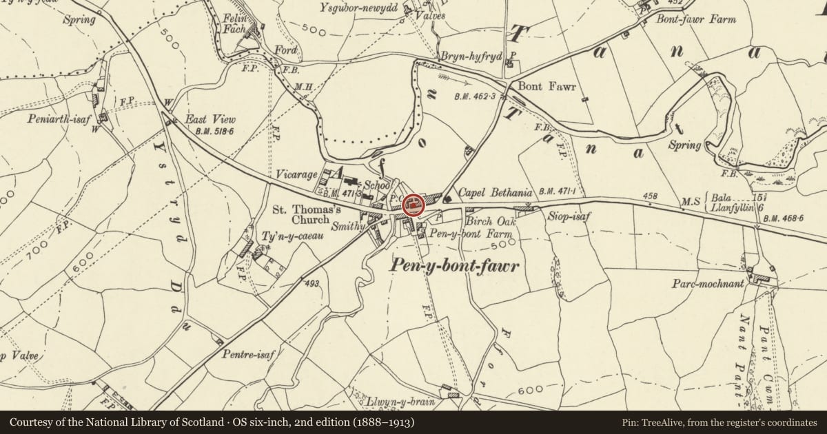 Ordnance Survey six-inch map, 2nd edition (1888–1913) covering the location of Eiranfa with Post Office, Pen-y-bont-Fawr, Powys, with a pin at the register's coordinates