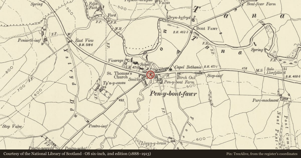 Ordnance Survey six-inch map, 2nd edition (1888–1913) covering the location of Pont Farrog, Pen-y-bont-Fawr, Powys, with a pin at the register's coordinates