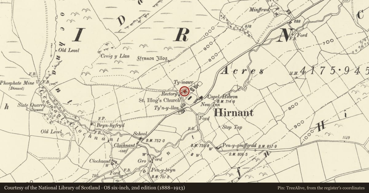 Ordnance Survey six-inch map, 2nd edition (1888–1913) covering the location of Old Rectory, Hirnant, Pen-y-bont-Fawr, Powys, with a pin at the register's coordinates