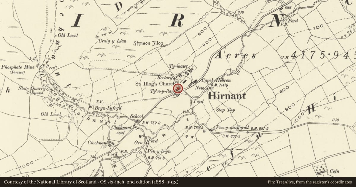 Ordnance Survey six-inch map, 2nd edition (1888–1913) covering the location of Ty'n-y-llan, Pen-y-bont-Fawr, Powys, with a pin at the register's coordinates
