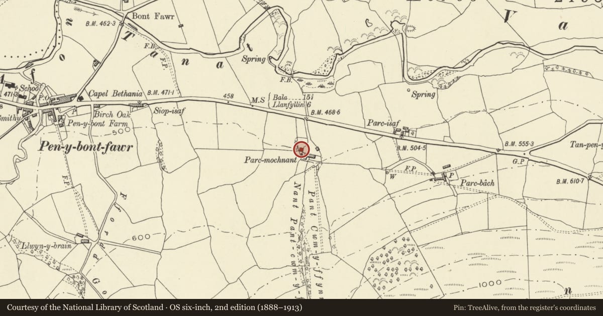 Ordnance Survey six-inch map, 2nd edition (1888–1913) covering the location of Parc Farmhouse, Pen-y-bont-Fawr, Powys, with a pin at the register's coordinates