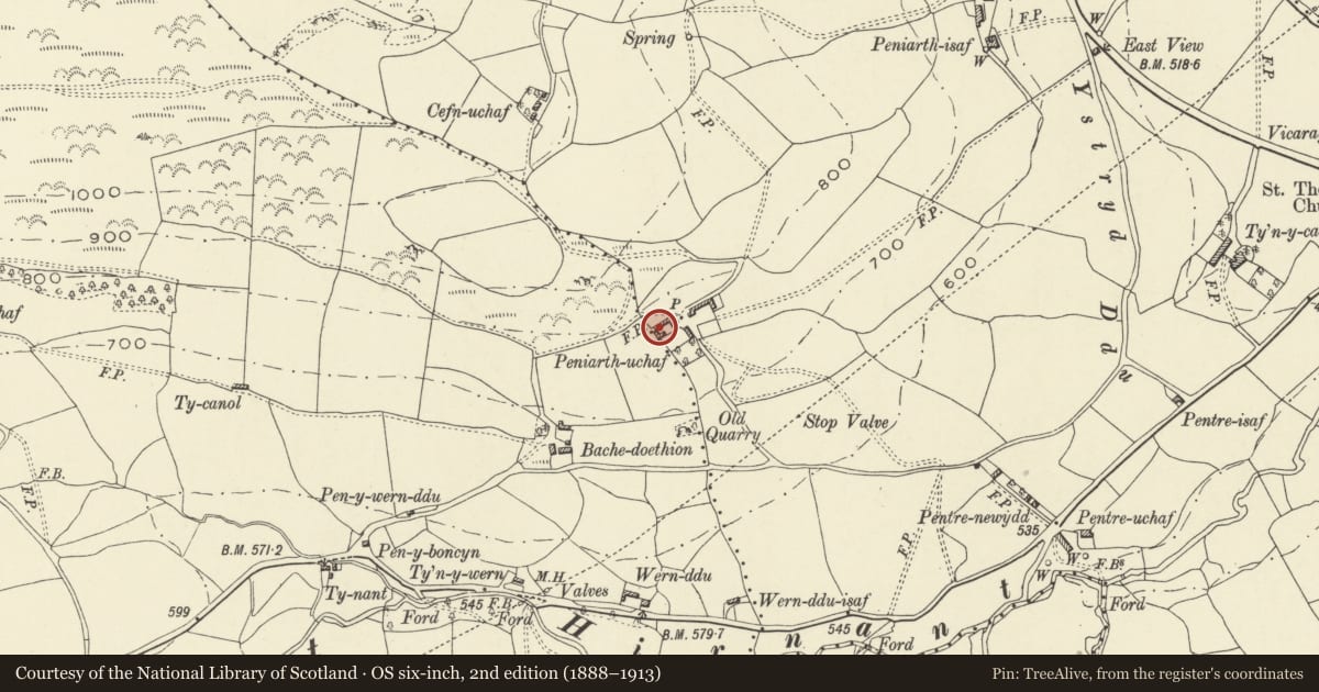 Ordnance Survey six-inch map, 2nd edition (1888–1913) covering the location of Farmhouse with attached Cruck Barn at Peniarth-uchaf, Pen-y-bont-Fawr, Powys, with a pin at the register's coordinates