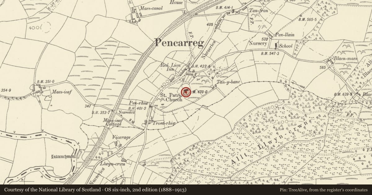 Ordnance Survey six-inch map, 2nd edition (1888–1913) covering the location of Monument including railings to Daniel Evans (Daniel Ddu o Geredigion) in Pencarreg churchyard, Carmarthenshire, with a pin at the register's coordinates