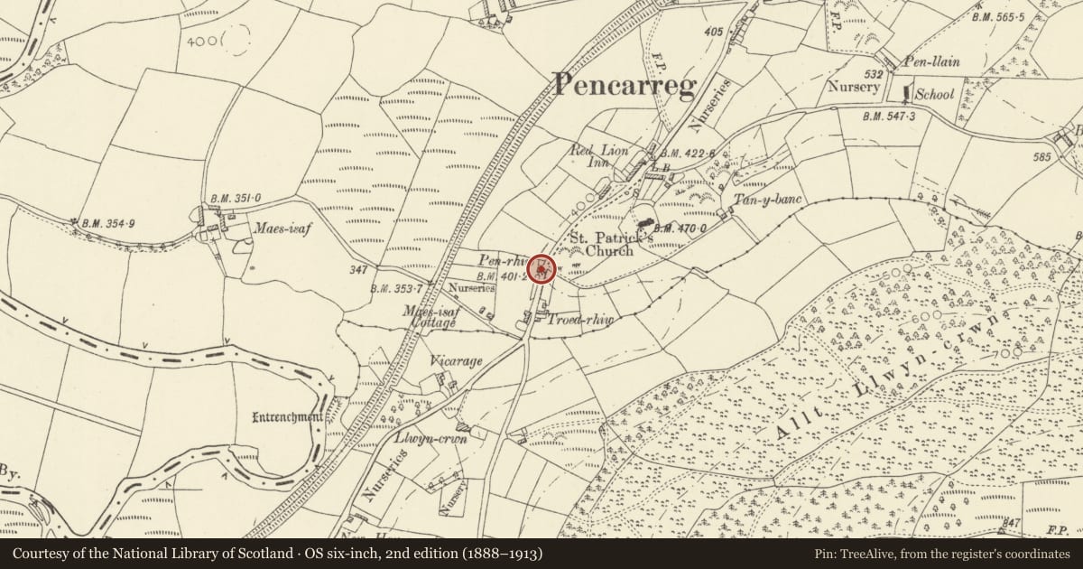 Ordnance Survey six-inch map, 2nd edition (1888–1913) covering the location of Pen-rhiw, Pencarreg, Carmarthenshire, with a pin at the register's coordinates