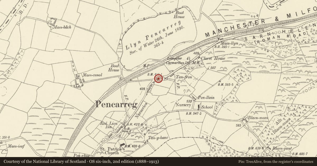 Ordnance Survey six-inch map, 2nd edition (1888–1913) covering the location of Plas Cottage, Pencarreg, Carmarthenshire, with a pin at the register's coordinates