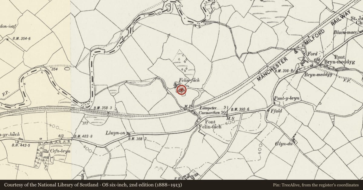 Ordnance Survey six-inch map, 2nd edition (1888–1913) covering the location of Old house, with attached farm buildings, at Felin Fach, Pencarreg, Carmarthenshire, with a pin at the register's coordinates