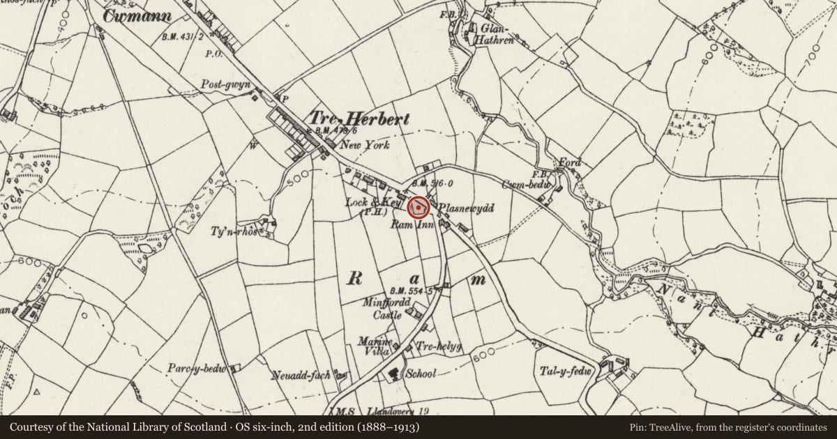 Ordnance Survey six-inch map, 2nd edition (1888–1913) covering the location of Pencarreg War Memorial, Carmarthenshire, with a pin at the register's coordinates
