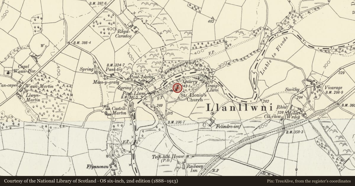 Ordnance Survey six-inch map, 2nd edition (1888–1913) covering the location of Lloyd family mausoleum in Llanllwni churchyard, Carmarthenshire, with a pin at the register's coordinates