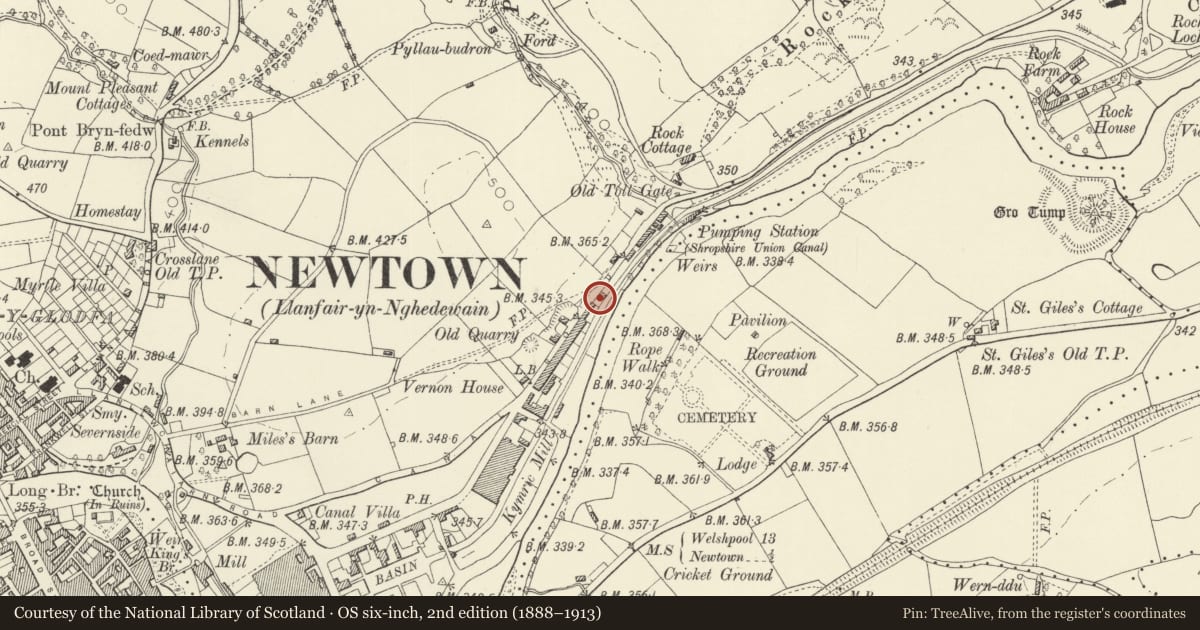 Ordnance Survey six-inch map, 2nd edition (1888–1913) covering the location of 28 Llanllwchaiarn Road, Newtown and Llanllwchaiarn, Powys, with a pin at the register's coordinates