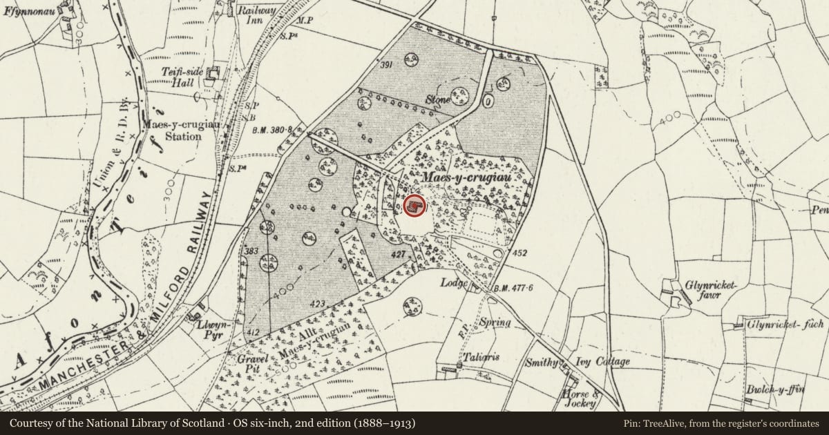 Ordnance Survey six-inch map, 2nd edition (1888–1913) covering the location of Maesycrugiau Manor, Llanllwni, Carmarthenshire, with a pin at the register's coordinates