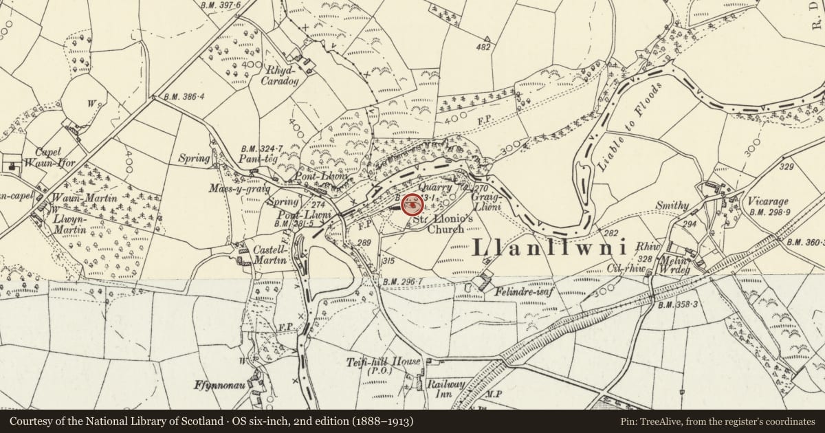 Ordnance Survey six-inch map, 2nd edition (1888–1913) covering the location of Maesycrugiau mausoleum in Llanllwni churchyard, Carmarthenshire, with a pin at the register's coordinates
