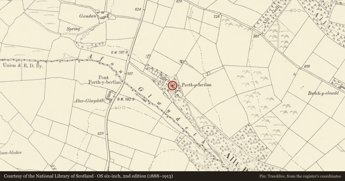 Ordnance Survey six-inch map, 2nd edition (1888–1913) covering the location of Multi-purpose farm building at Perthyberllan, Llanllwni, Carmarthenshire, with a pin at the register's coordinates