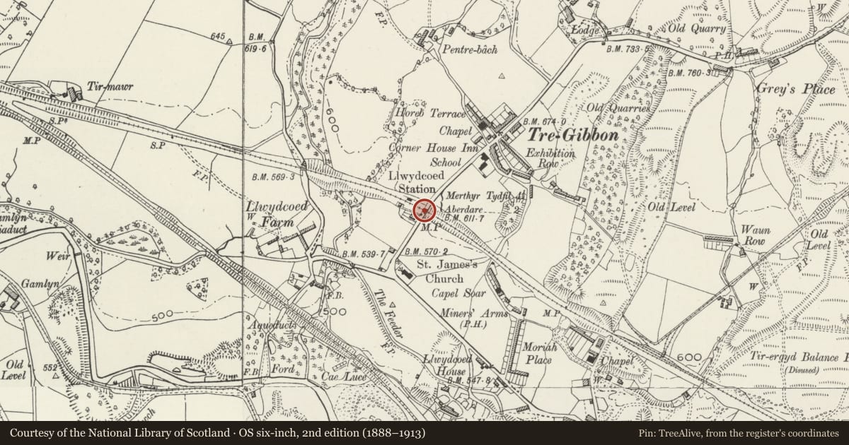 Ordnance Survey six-inch map, 2nd edition (1888–1913) covering the location of Merthyr Road Railway Bridge, Llwydcoed, Rhondda Cynon Taff, with a pin at the register's coordinates