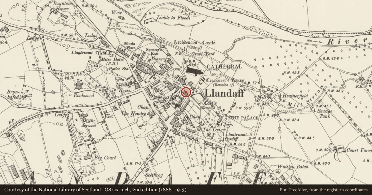 Ordnance Survey six-inch map, 2nd edition (1888–1913) covering the location of 1 The Cathedral Green, Llandaff, Cardiff, with a pin at the register's coordinates