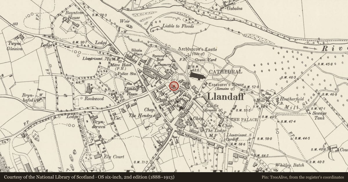 Ordnance Survey six-inch map, 2nd edition (1888–1913) covering the location of 17 The Cathedral Green, Llandaff, Cardiff, with a pin at the register's coordinates