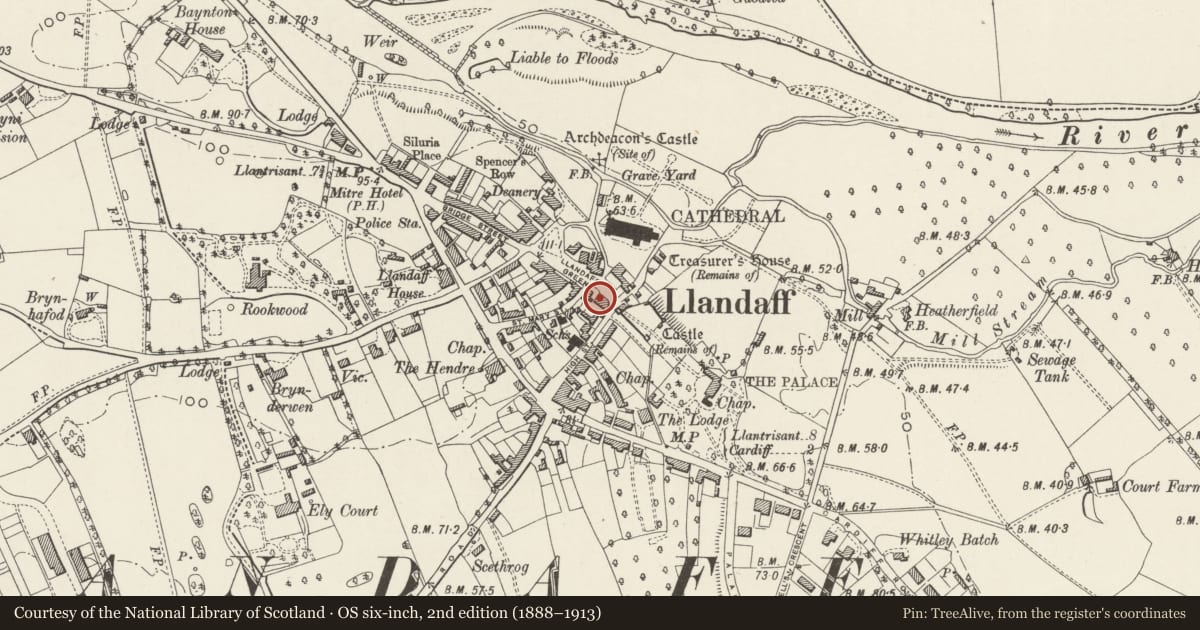 Ordnance Survey six-inch map, 2nd edition (1888–1913) covering the location of 3 The Cathedral Green, Llandaff, Cardiff, with a pin at the register's coordinates