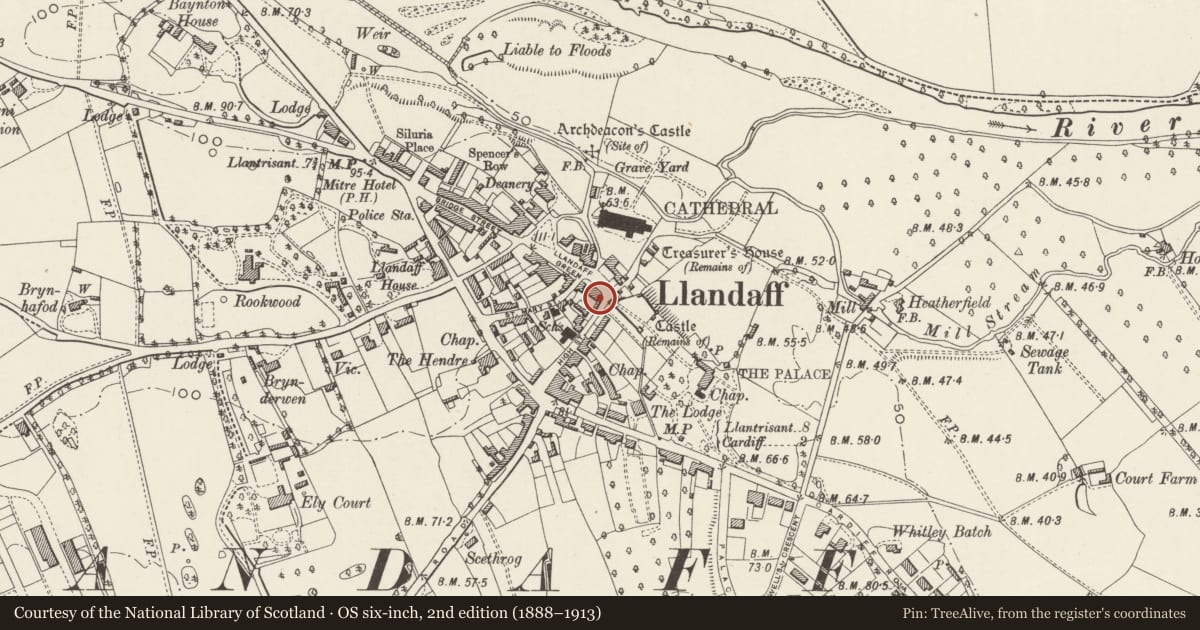 Ordnance Survey six-inch map, 2nd edition (1888–1913) covering the location of 4 High Street, Llandaff, Cardiff, with a pin at the register's coordinates