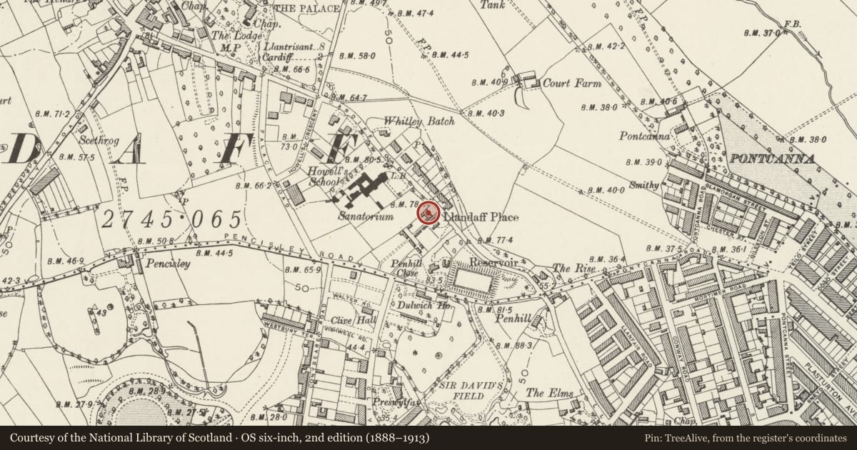Ordnance Survey six-inch map, 2nd edition (1888–1913) covering the location of 1 Llandaff Place, Cardiff, with a pin at the register's coordinates