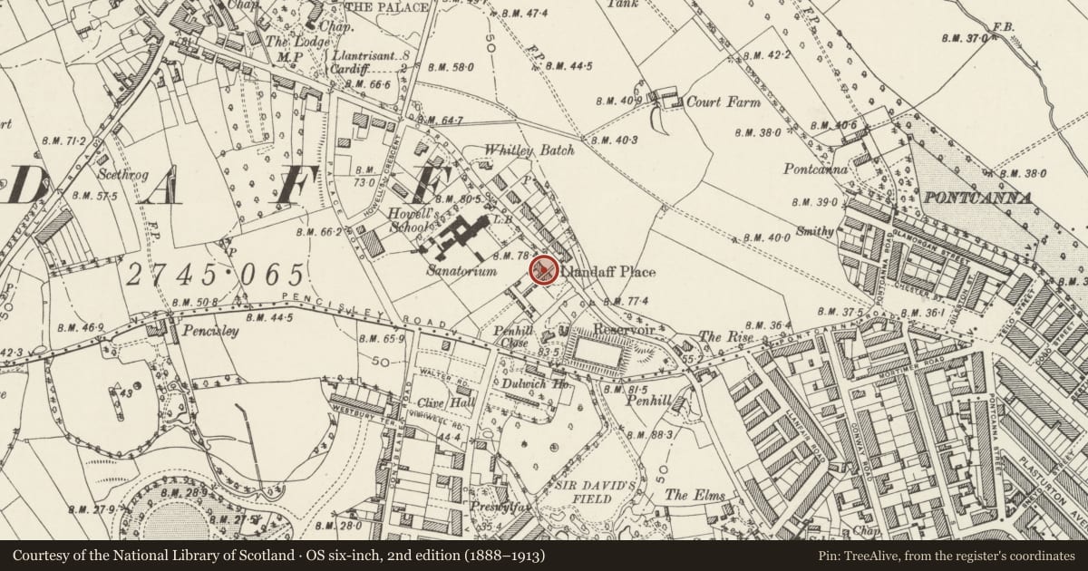Ordnance Survey six-inch map, 2nd edition (1888–1913) covering the location of 2 Llandaff Place, Cardiff, with a pin at the register's coordinates