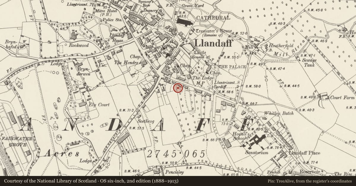 Ordnance Survey six-inch map, 2nd edition (1888–1913) covering the location of Apartments 1-3 St. Michael's College, Llandaff, Cardiff, with a pin at the register's coordinates