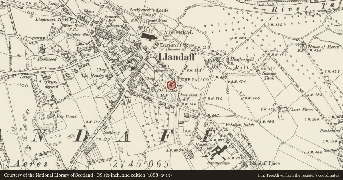 Ordnance Survey six-inch map, 2nd edition (1888–1913) covering the location of Chapel of The Cathedral School, Llandaff, Cardiff, with a pin at the register's coordinates