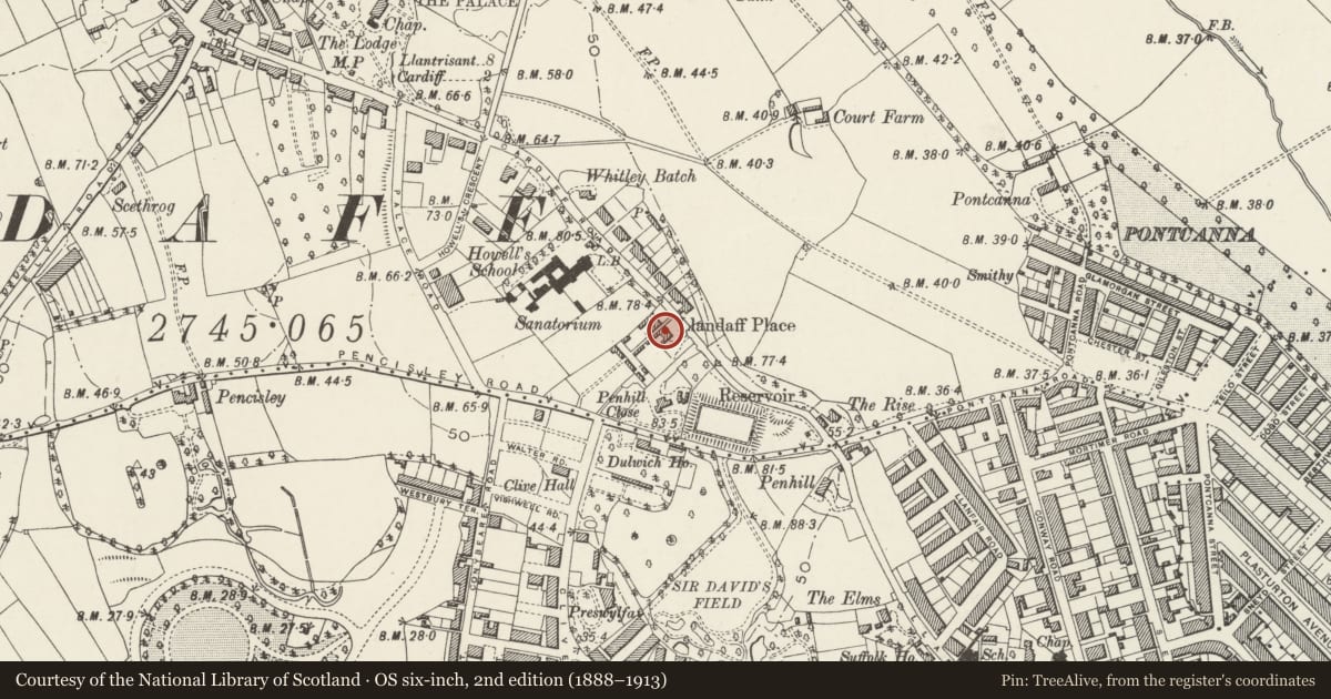 Ordnance Survey six-inch map, 2nd edition (1888–1913) covering the location of Churchill Hotel, 3 Llandaff Place, Cardiff, with a pin at the register's coordinates