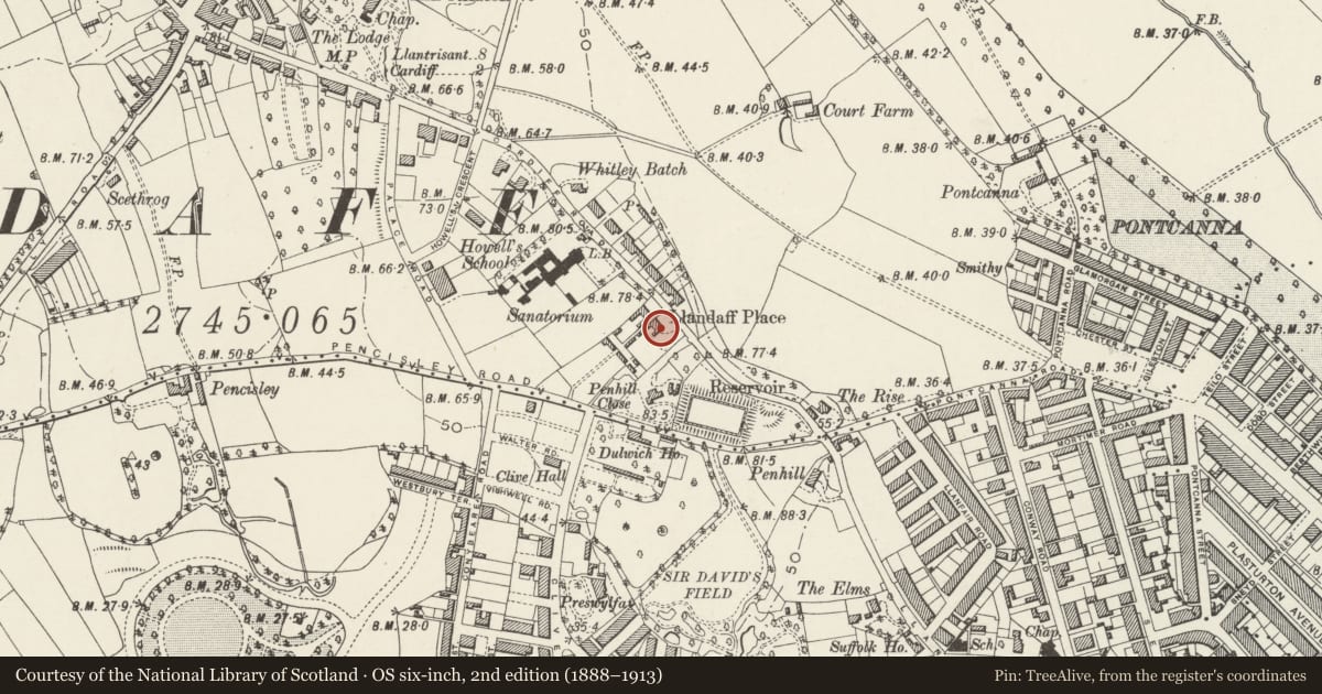 Ordnance Survey six-inch map, 2nd edition (1888–1913) covering the location of Churchill Hotel, 4 Llandaff Place, Cardiff, with a pin at the register's coordinates