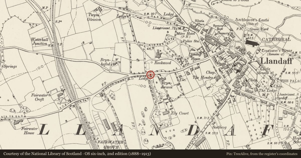 Ordnance Survey six-inch map, 2nd edition (1888–1913) covering the location of Entrance Gates, Gatepiers and Wall of Insole Court, Llandaff, Cardiff, with a pin at the register's coordinates