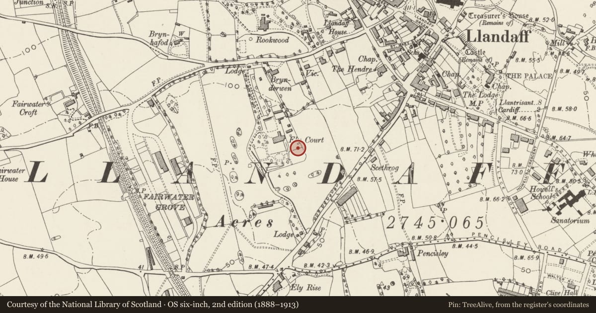 Ordnance Survey six-inch map, 2nd edition (1888–1913) covering the location of Flight of Steps and Retaining Wall of East (Bowling Green) Terrace at Insole Court, Llandaff, Cardiff, with a pin at the register's coordinates