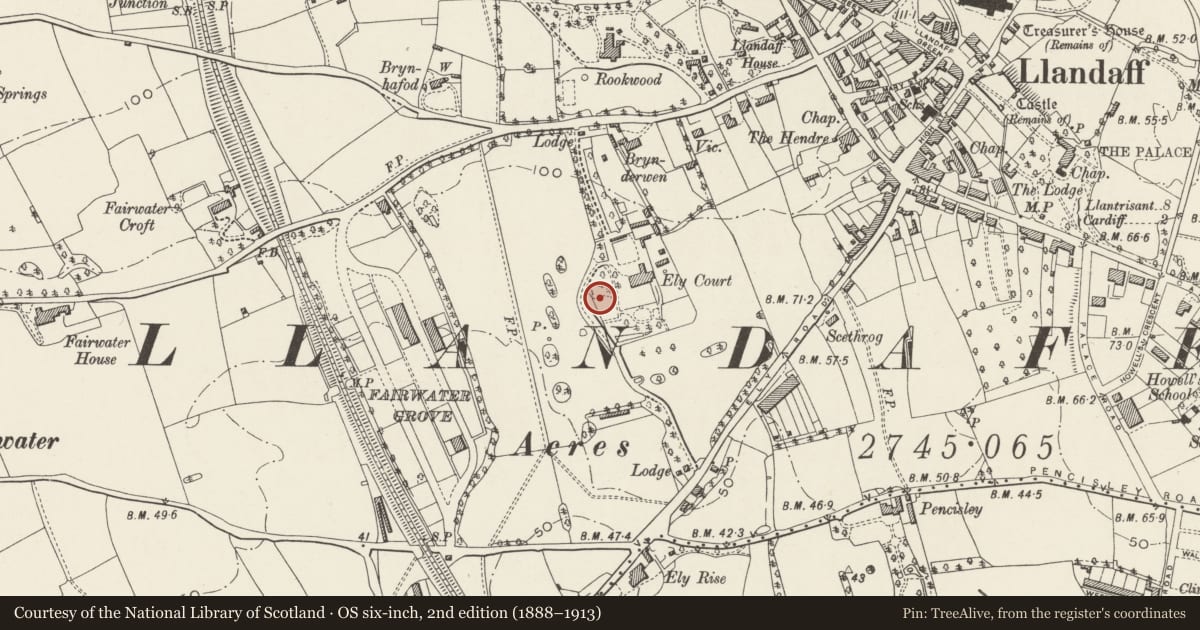 Ordnance Survey six-inch map, 2nd edition (1888–1913) covering the location of Garden House at Insole Court, Llandaff, Cardiff, with a pin at the register's coordinates