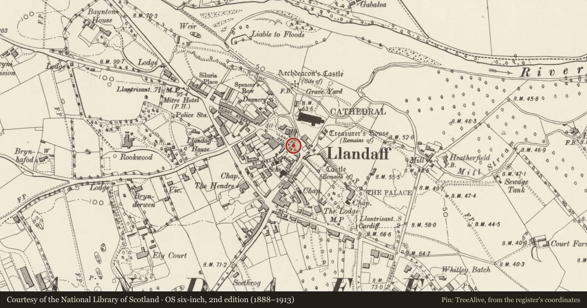 Ordnance Survey six-inch map, 2nd edition (1888–1913) covering the location of Garden Wall, Llandaff, Cardiff, with a pin at the register's coordinates