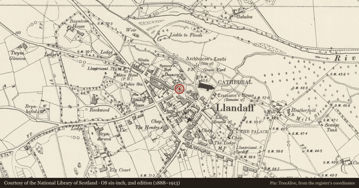 Ordnance Survey six-inch map, 2nd edition (1888–1913) covering the location of Garden Wall along the street front of Nos. 27 - 30 (consec), Llandaff, Cardiff, with a pin at the register's coordinates