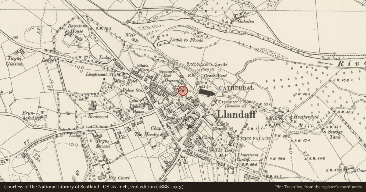 Ordnance Survey six-inch map, 2nd edition (1888–1913) covering the location of Garden Wall of Pendinas, Llandaff, Cardiff, with a pin at the register's coordinates