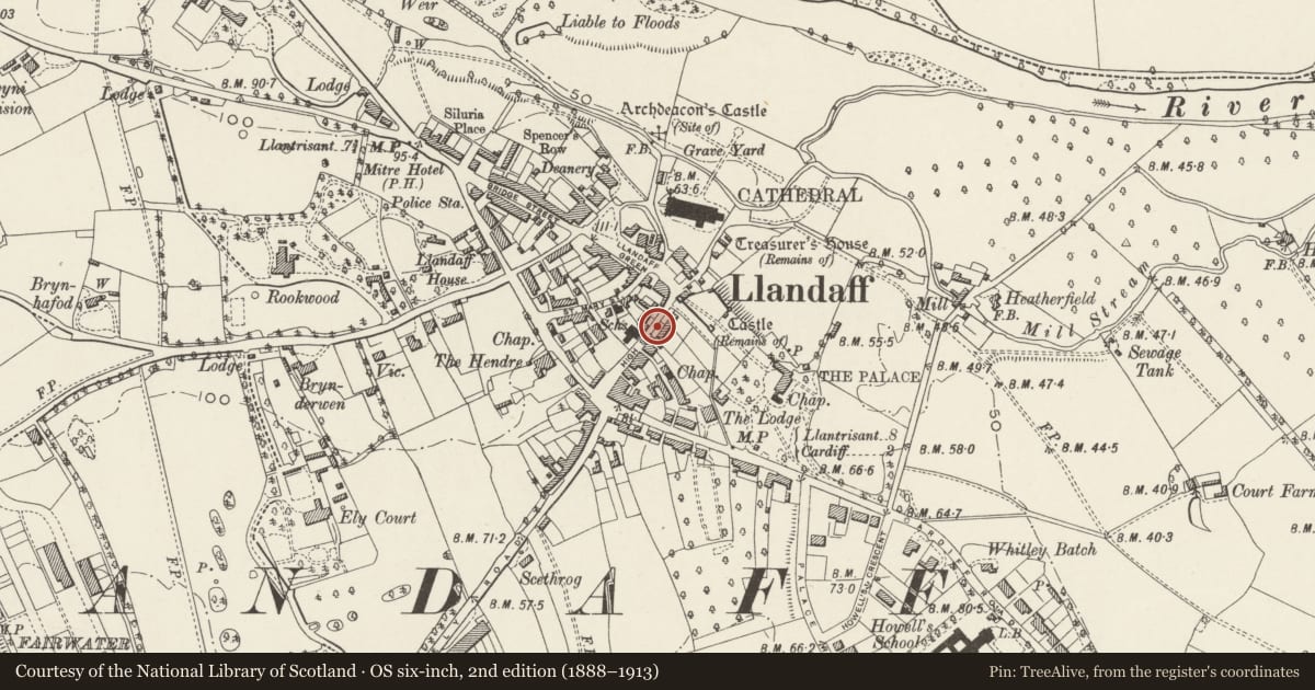 Ordnance Survey six-inch map, 2nd edition (1888–1913) covering the location of Garden Wall of St. Cross, Llandaff, Cardiff, with a pin at the register's coordinates