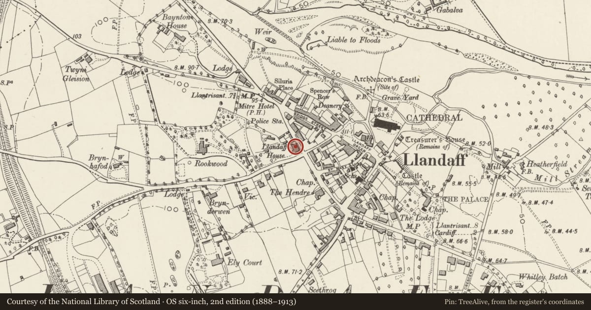Ordnance Survey six-inch map, 2nd edition (1888–1913) covering the location of Llandaff House, Cardiff, with a pin at the register's coordinates