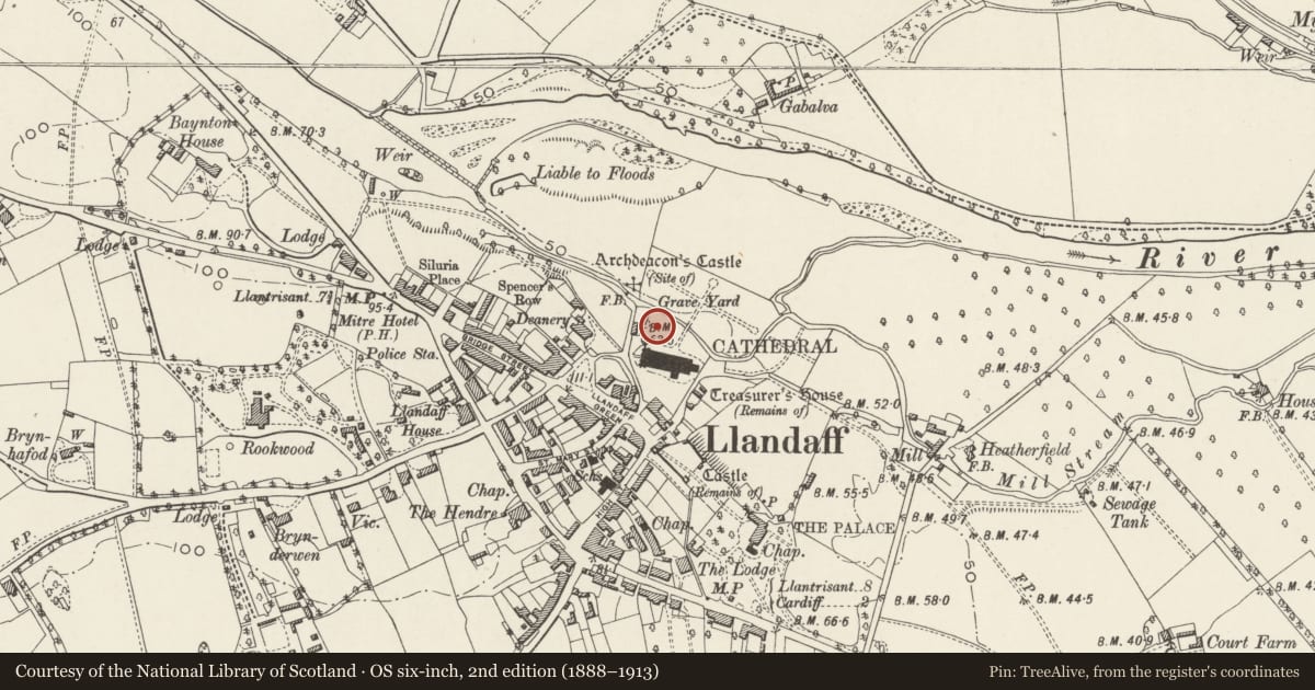 Ordnance Survey six-inch map, 2nd edition (1888–1913) covering the location of Memorial to Bishop Ollivant in the Cathedral Churchyard, Llandaff, Cardiff, with a pin at the register's coordinates