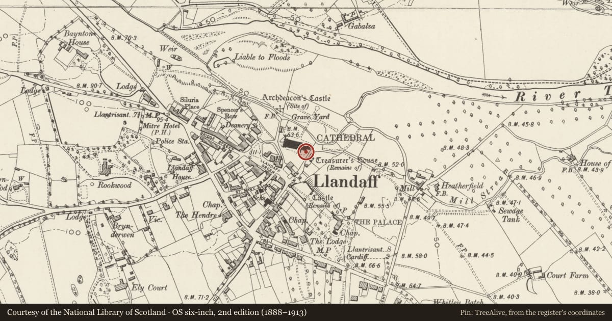 Ordnance Survey six-inch map, 2nd edition (1888–1913) covering the location of Memorial to Richard Prichard in the Cathedral, Llandaff, Cardiff, with a pin at the register's coordinates