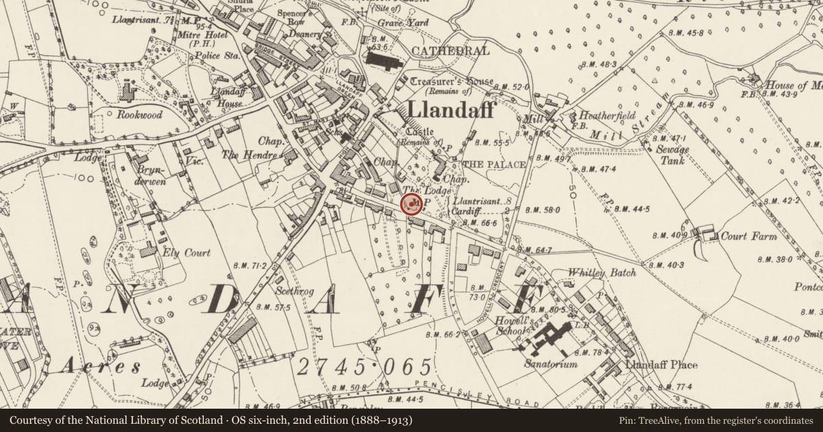 Ordnance Survey six-inch map, 2nd edition (1888–1913) covering the location of Milepost outside the Cathedral School, Llandaff, Cardiff, with a pin at the register's coordinates