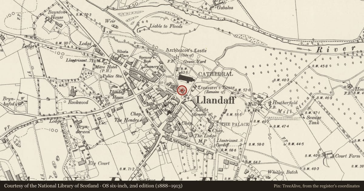 Ordnance Survey six-inch map, 2nd edition (1888–1913) covering the location of No. 2 White House, Llandaff, Cardiff, with a pin at the register's coordinates