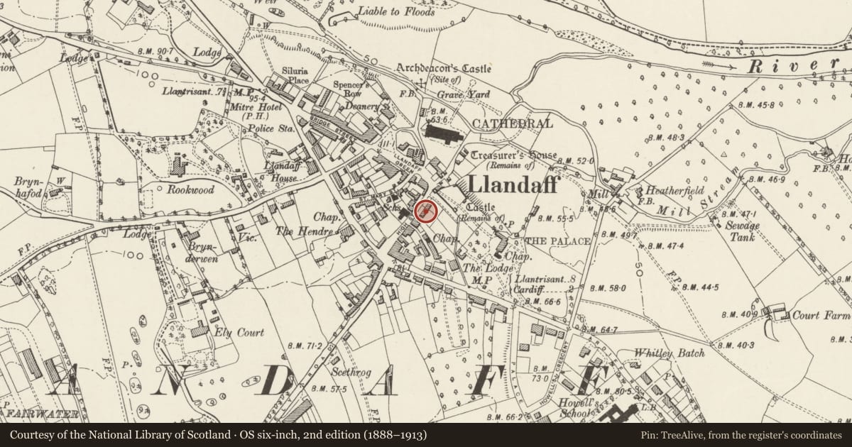 Ordnance Survey six-inch map, 2nd edition (1888–1913) covering the location of St. Cross, Llandaff, Cardiff, with a pin at the register's coordinates