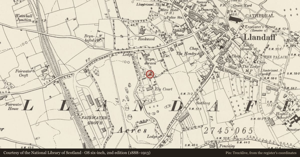 Ordnance Survey six-inch map, 2nd edition (1888–1913) covering the location of Stable Block of Insole Court, Llandaff, Cardiff, with a pin at the register's coordinates