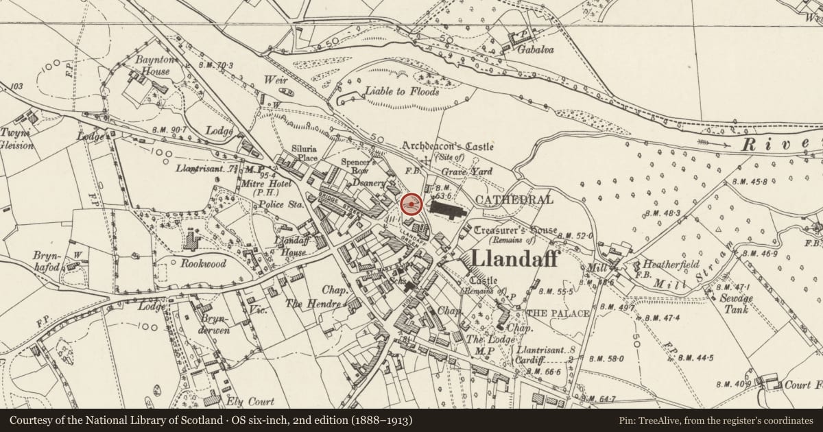 Ordnance Survey six-inch map, 2nd edition (1888–1913) covering the location of The Dean's Steps, Llandaff, Cardiff, with a pin at the register's coordinates
