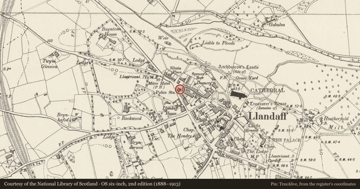 Ordnance Survey six-inch map, 2nd edition (1888–1913) covering the location of The Old Police Station, Llandaff, Cardiff, with a pin at the register's coordinates