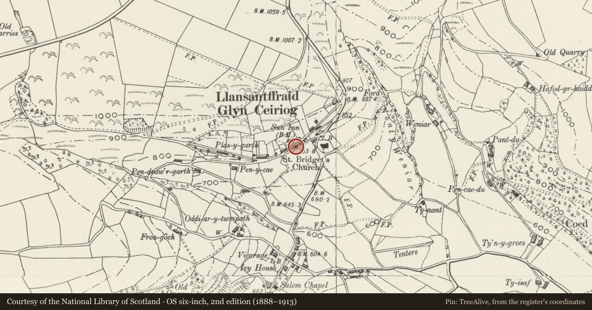 Ordnance Survey six-inch map, 2nd edition (1888–1913) covering the location of 1 Orley House, Llansantffraid Glyn Ceiriog, Wrexham, with a pin at the register's coordinates