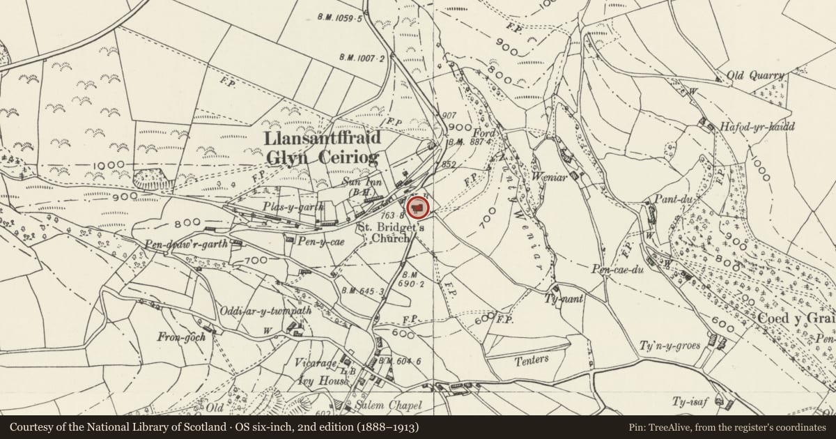 Ordnance Survey six-inch map, 2nd edition (1888–1913) covering the location of Church of St Ffraid, Llansantffraid Glyn Ceiriog, Wrexham, with a pin at the register's coordinates