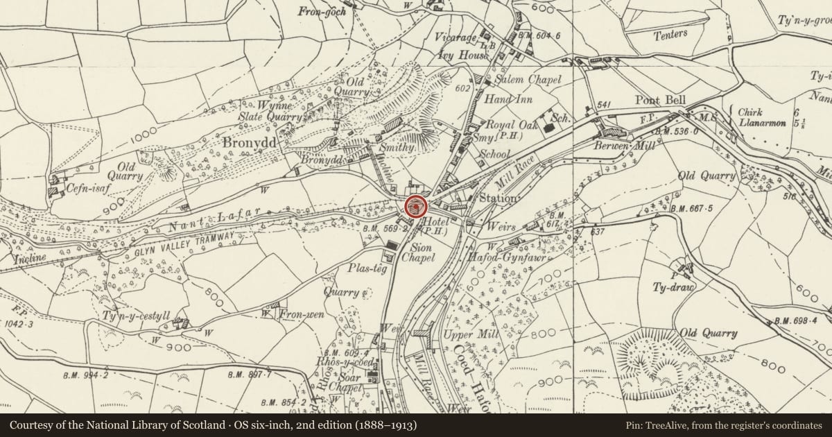 Ordnance Survey six-inch map, 2nd edition (1888–1913) covering the location of Glyn Valley Hotel, Llansantffraid Glyn Ceiriog, Wrexham, with a pin at the register's coordinates