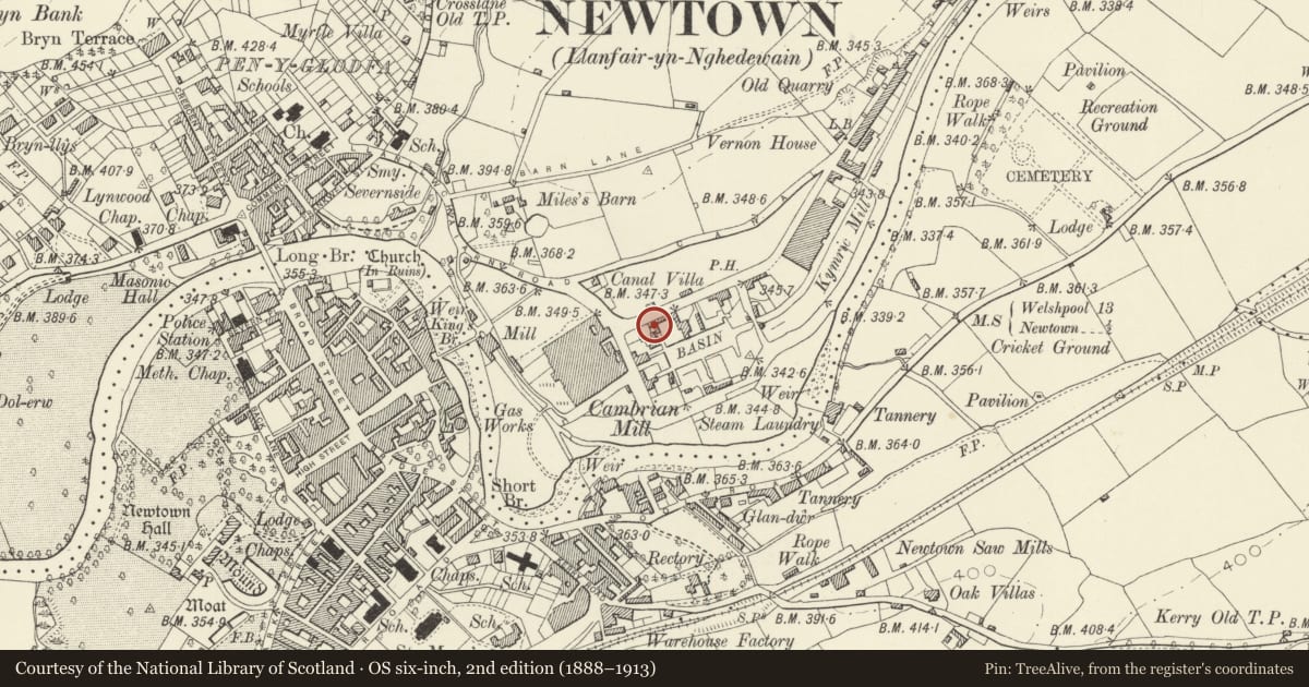 Ordnance Survey six-inch map, 2nd edition (1888–1913) covering the location of 5 Lower Canal Road, Newtown and Llanllwchaiarn, Powys, with a pin at the register's coordinates