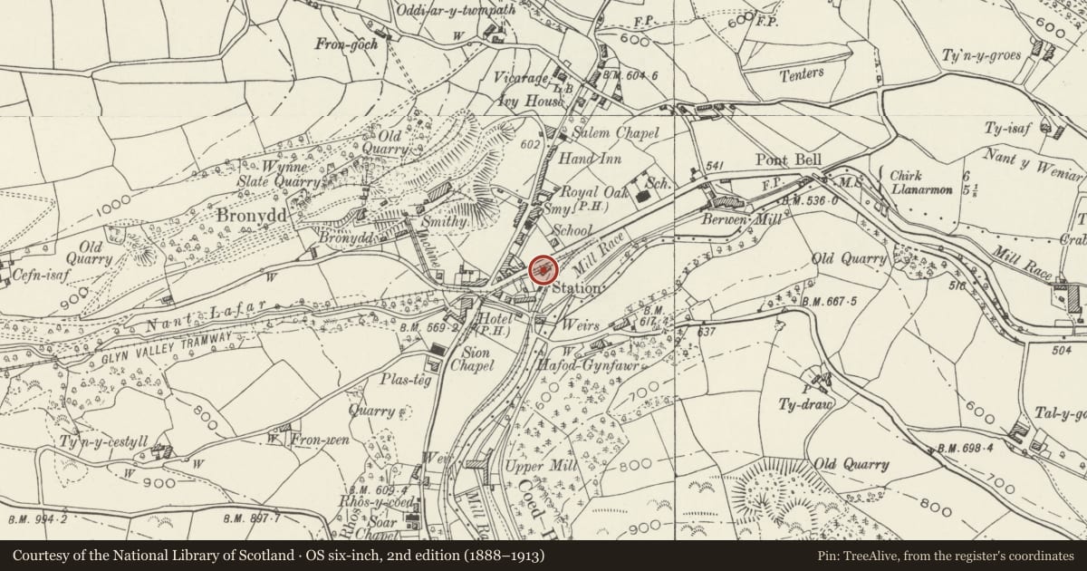 Ordnance Survey six-inch map, 2nd edition (1888–1913) covering the location of Locomotive Shed, Glyn Valley Tramway, Llansantffraid Glyn Ceiriog, Wrexham, with a pin at the register's coordinates