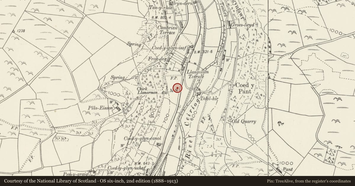 Ordnance Survey six-inch map, 2nd edition (1888–1913) covering the location of Milestone W of Ddol Hir, Llansantffraid Glyn Ceiriog, Wrexham, with a pin at the register's coordinates