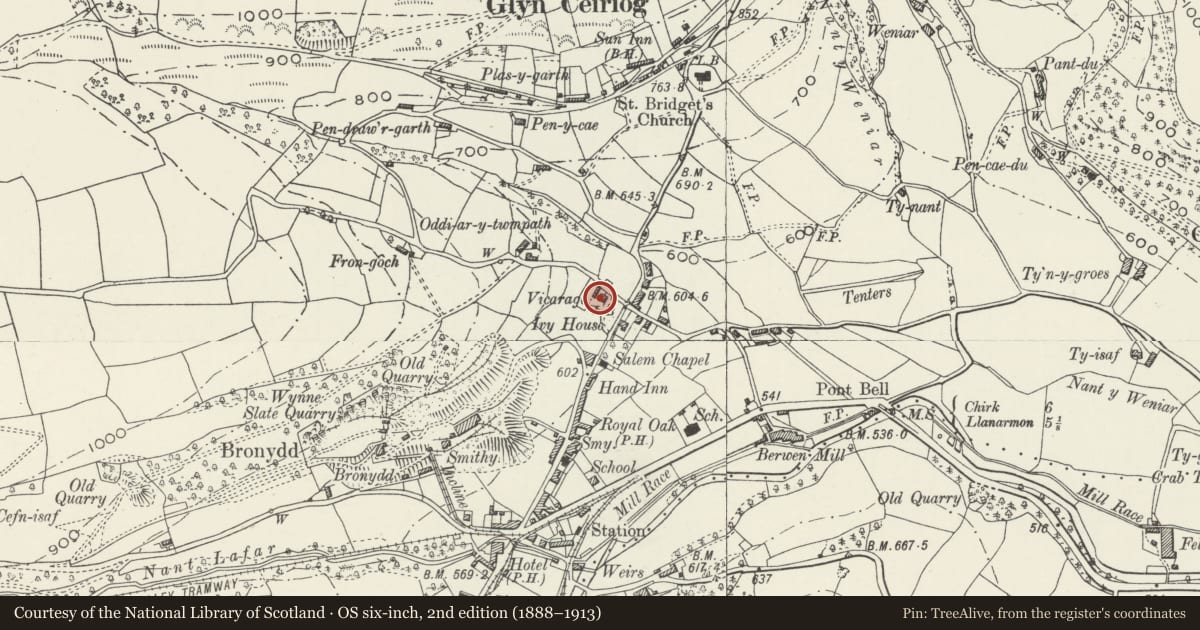 Ordnance Survey six-inch map, 2nd edition (1888–1913) covering the location of The Vicarage, Llansantffraid Glyn Ceiriog, Wrexham, with a pin at the register's coordinates
